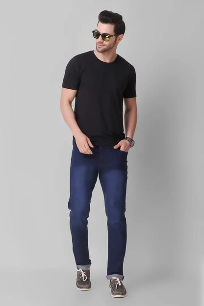 Stylish Blue Linen Blend Faded Mid-Rise Jeans For Men